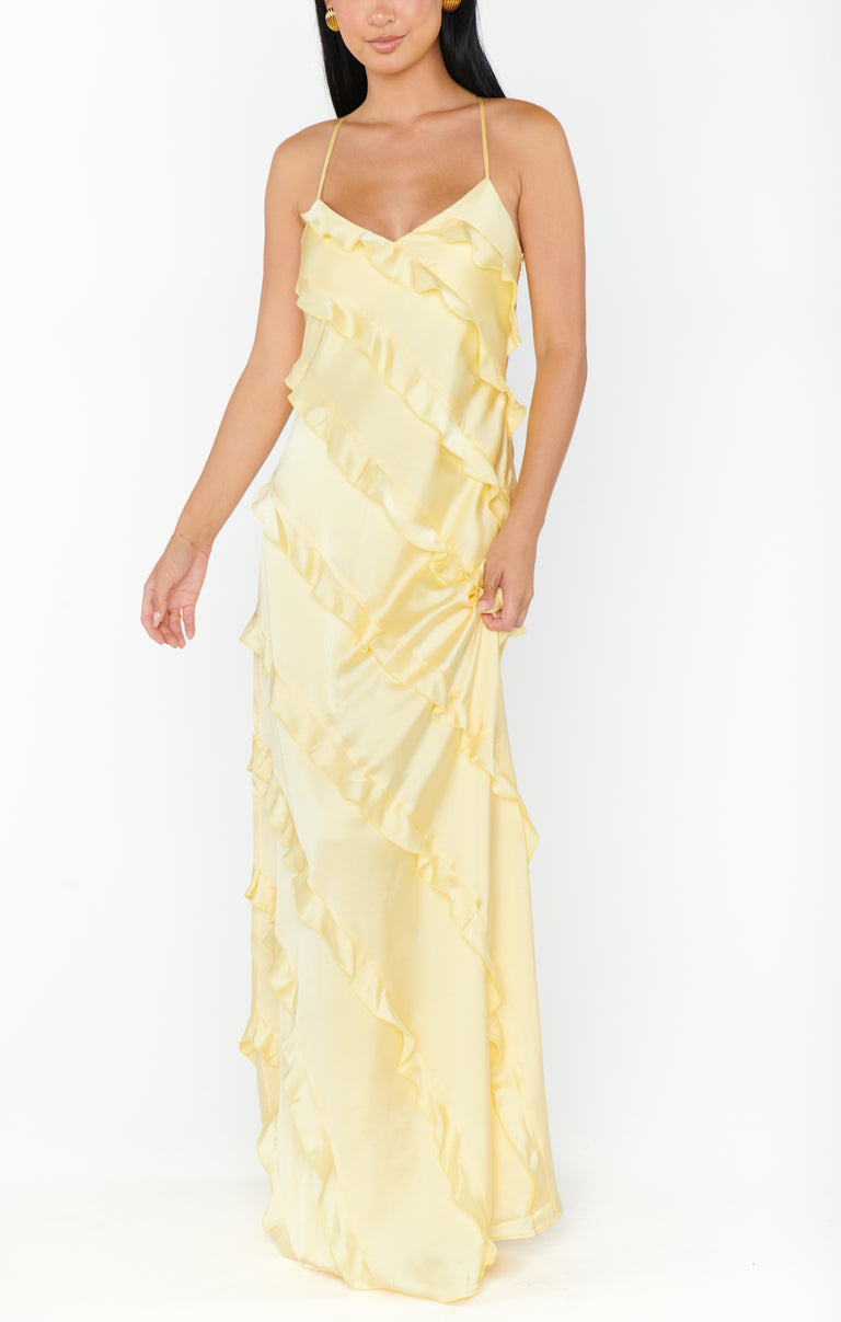 Romance Ruffle Dress, in Pale Yellow Luxe Satin | Show Me Your Mumu Romance Ruffle Dress, in Pale Yellow Luxe Satin | Show Me Your Mumu