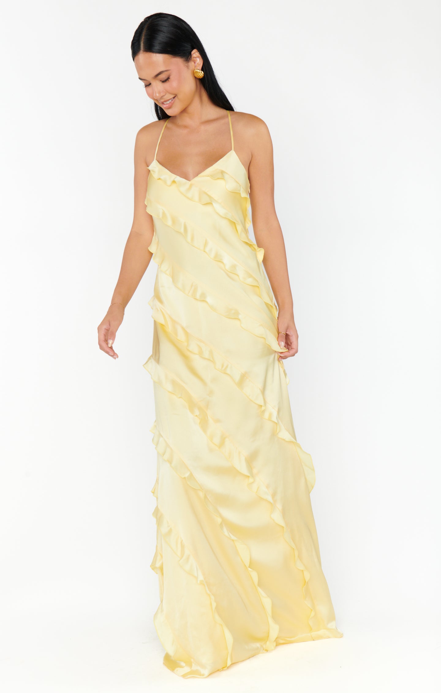 Romance Ruffle Dress, in Pale Yellow Luxe Satin | Show Me Your Mumu