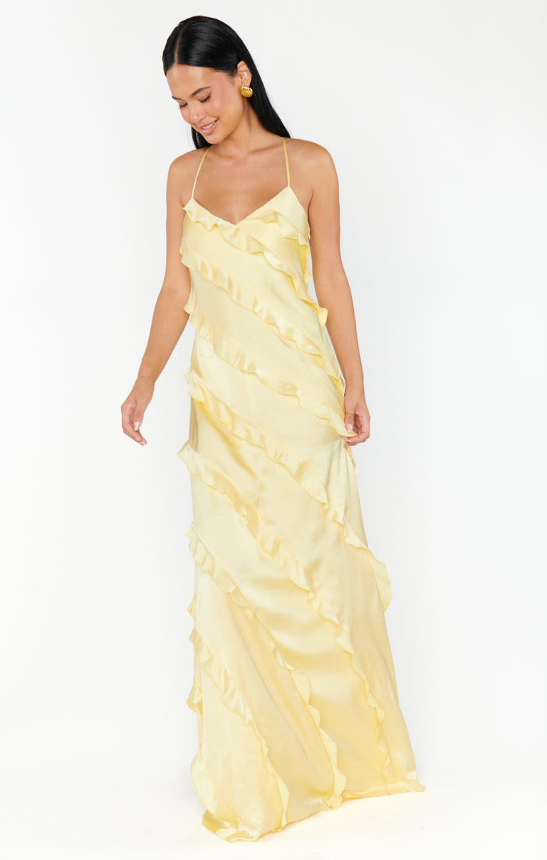 yellow satin ruffle dress Satin Ruffle Hem Fit and Flare Dress