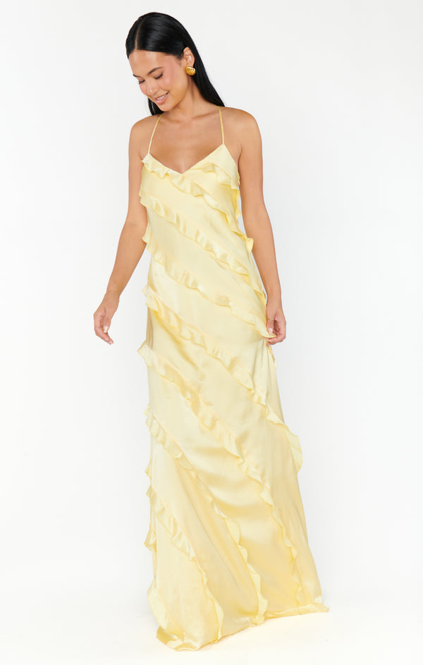 Romance Ruffle Dress ~ Pale Yellow Luxe Satin – Show Me Your Mumu