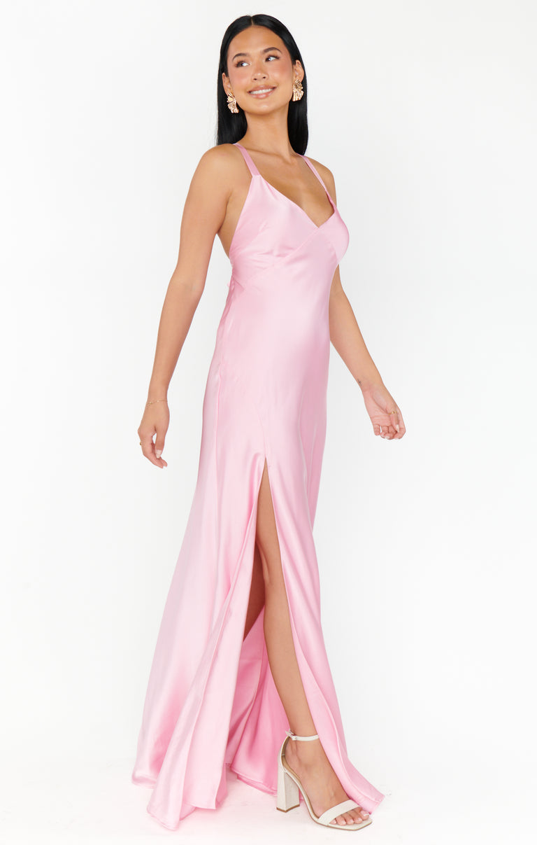 fitted lace wedding dress Light Pink Satin Long Dress With Beaded Lace Appliqué main image 1