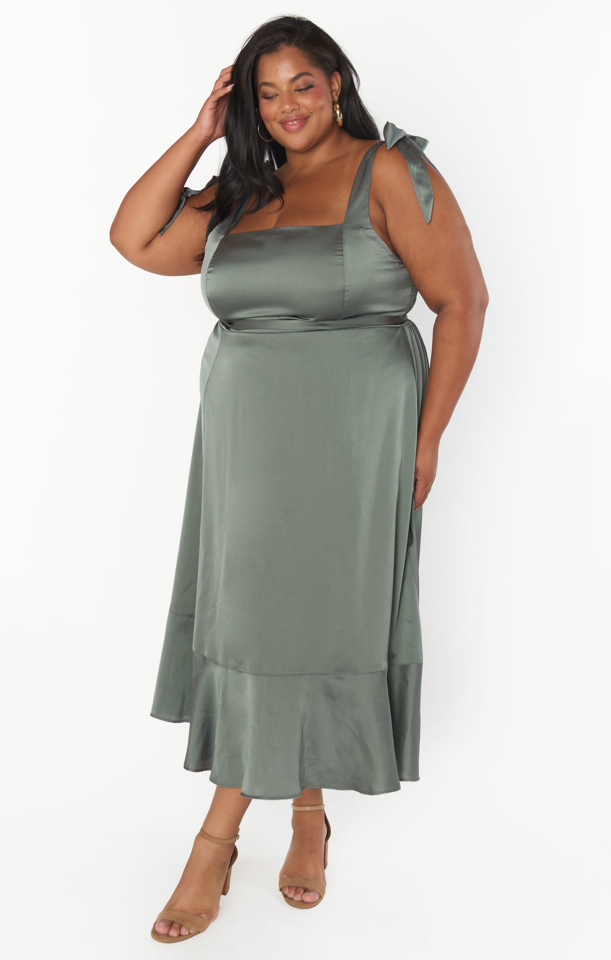 Show Me Your Mumu Claire Midi authentic Dress in Deep Sage Chiffon S