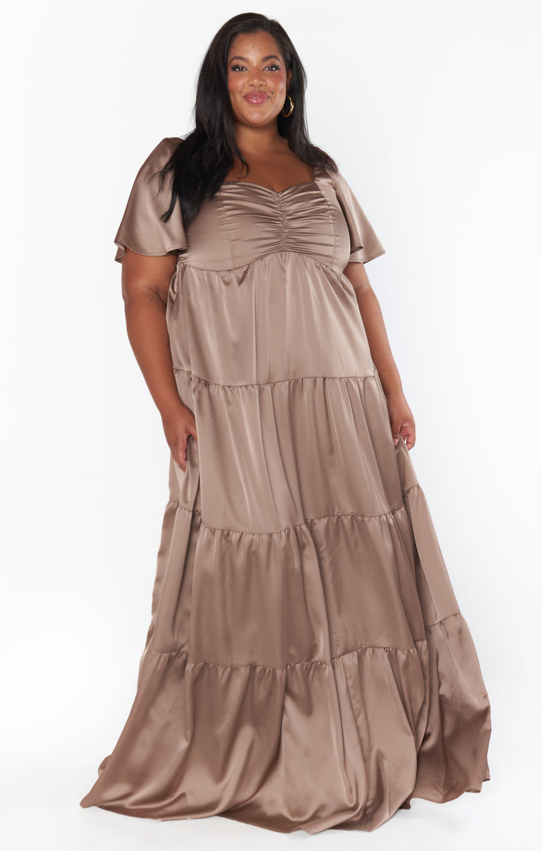 knee length dresses for ladies Nina Maxi Dress, in Champagne Luxe Satin, Size: XL | Show Me Your Mumu main image 0