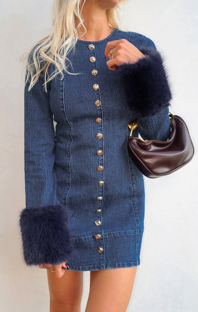 Rockefeller Mini Dress, in Subzero Indigo with Faux Fur