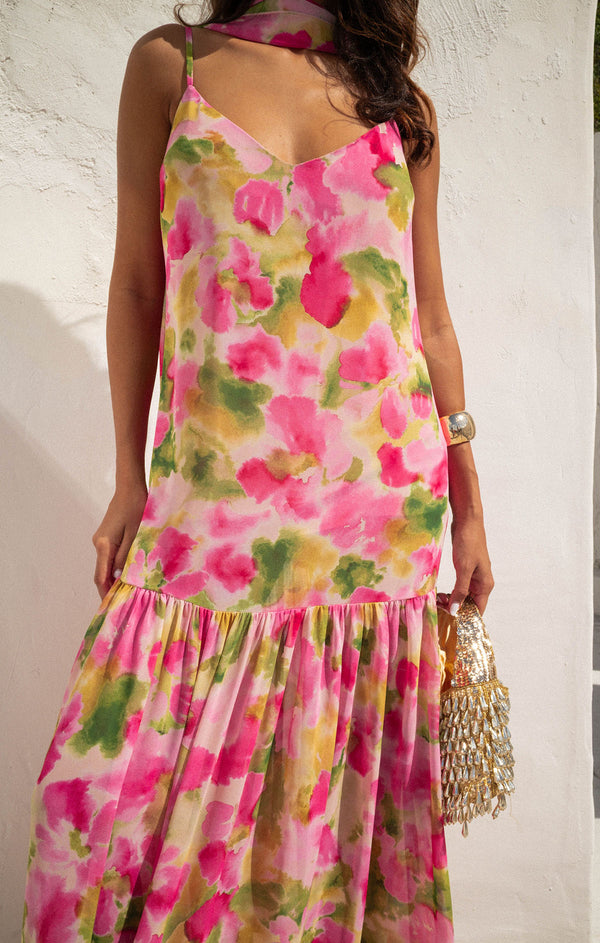 Amaria – Maxi Dress with Watercolor Print and Tie Detail main image 0