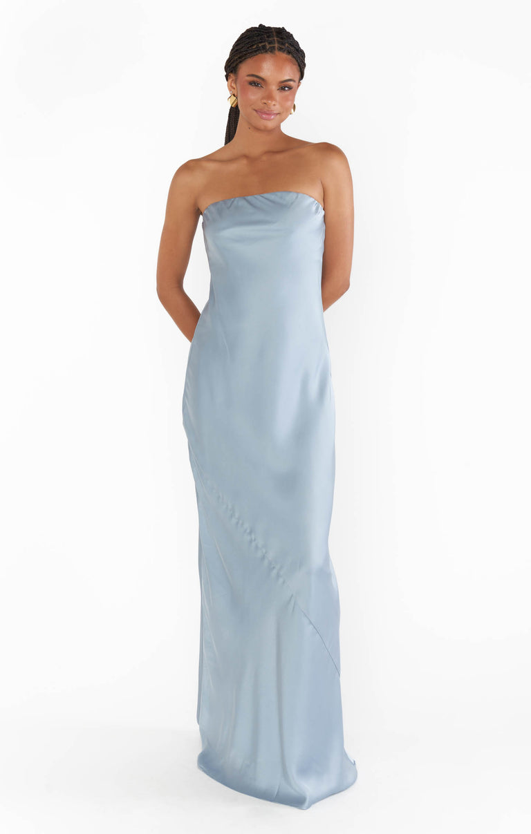 strapless blue bridesmaid dress Taylor Tube Maxi Dress, in Steel Luxe Satin, Size: Medium | Show Me Your Mumu LowStock:43584259817523 scarf detail Red Allure Backless Evening Size:17 / l-xl