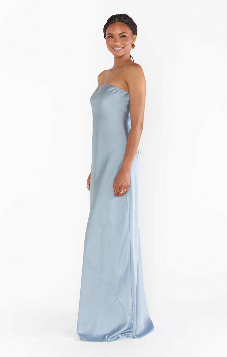 Taylor Tube Maxi Dress, in Steel Blue Luxe Satin, Size: Medium | Show Me Your Mumu