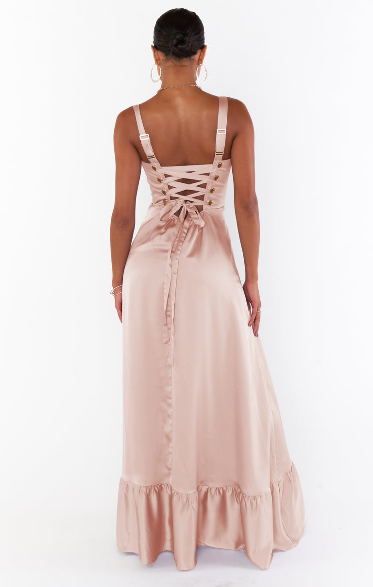 Clarissa Corset Dress, in Rose Gold Luxe Satin, Size: Large | Show Me Your Mumu | Bridesmaid Dresses Clarissa Corset Dress, in Rose Gold Luxe Satin, Size: Large | Show Me Your Mumu | Bridesmaid Dresses