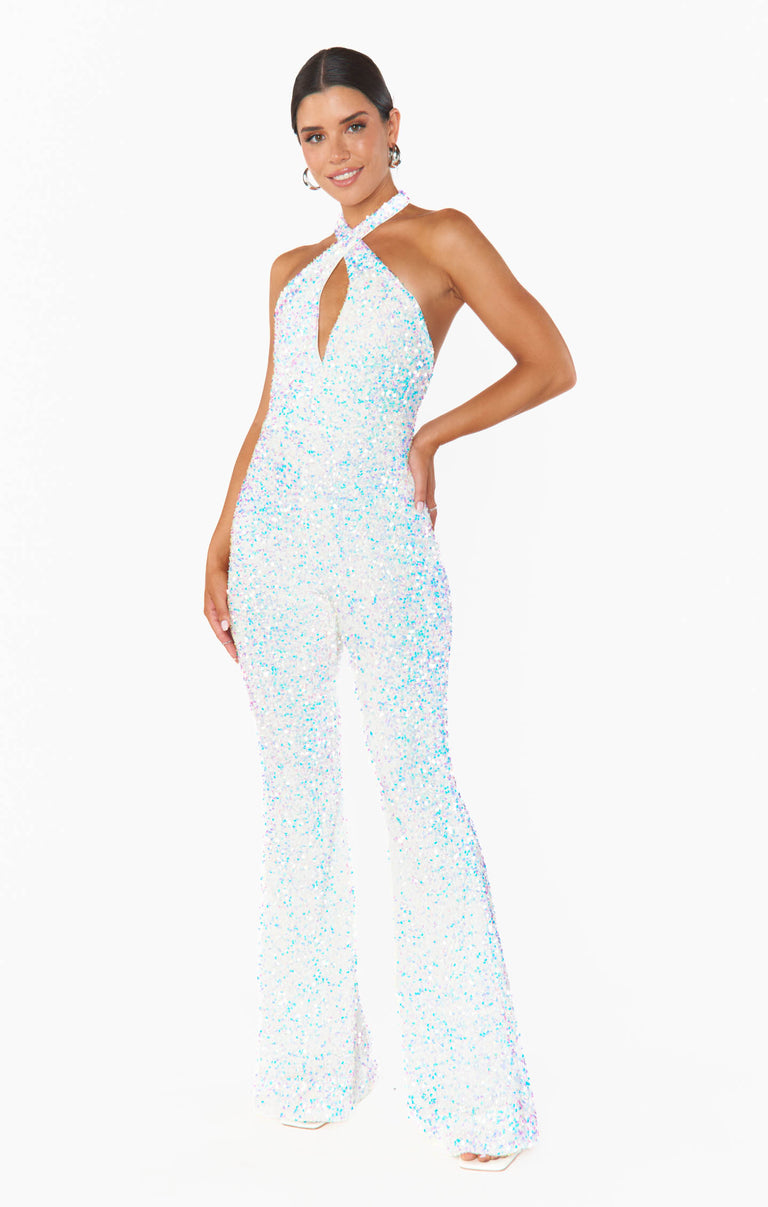 Studio Halter Jumpsuit ~ White Sparkle Sequins