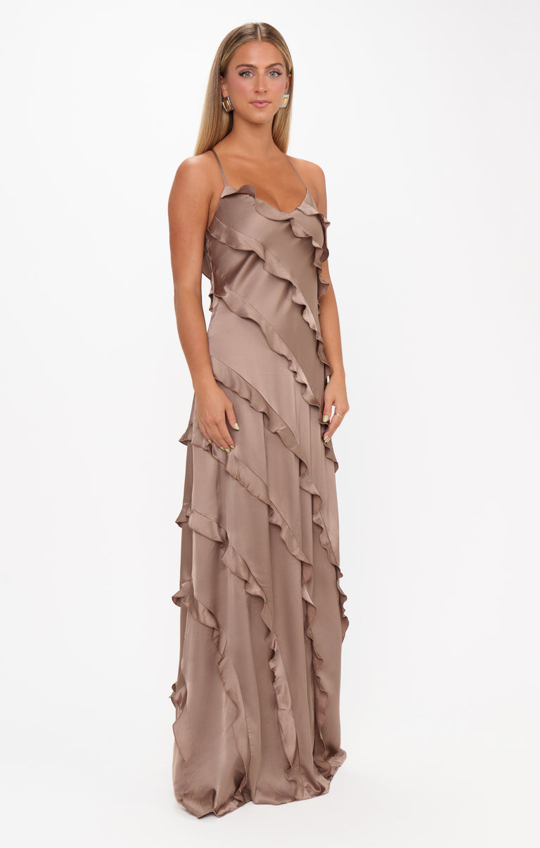 Romance Ruffle Dress ~ Black Luxe Satin