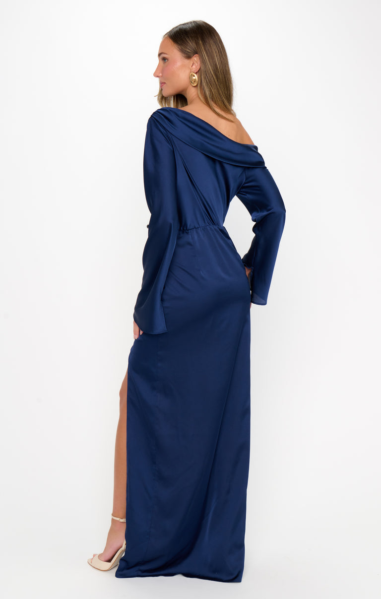 Jamie Maxi Dress, in Midnight Navy Luxe Satin, Size: Medium | Show Me Your Mumu