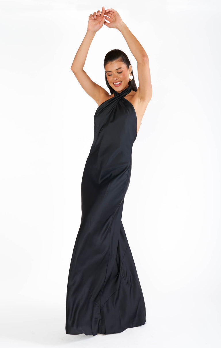 Jasmine Halter Maxi Dress ~ Black Luxe Satin S