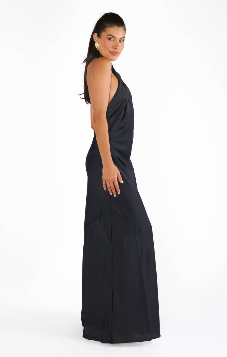 slim fit dress slacks Jasmine Halter Maxi Dress ~ Black Luxe Satin S