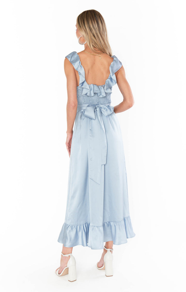 Alexis Midi Dress ~ Steel Blue Luxe Satin – Show Me Your Mumu