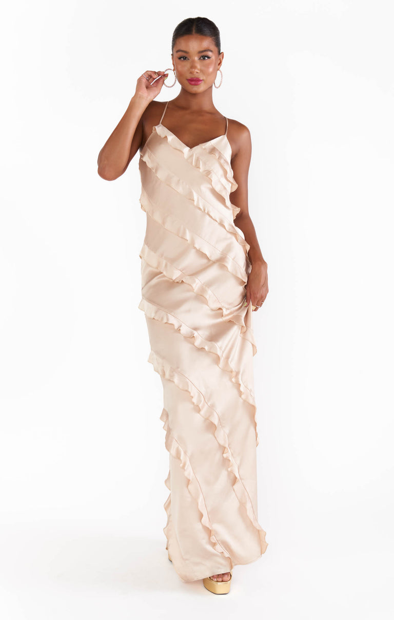 Romance Ruffle Dress, in Champagne Luxe Satin, Size: XS | Show Me Your Mumu