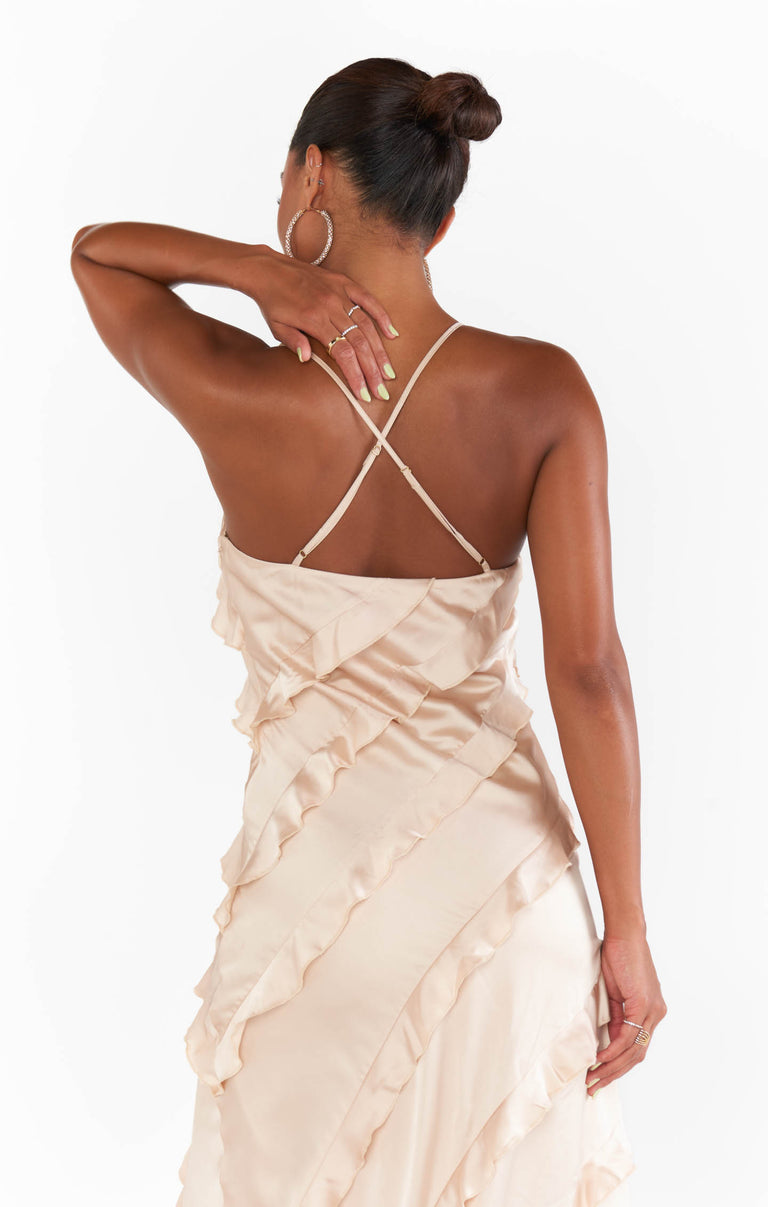 beige ruffle dress Shona Joy - Agnes Draped Maxi Details includes a lined yoke and lining throughout the skirt Romance Ruffle Dress, in Champagne
