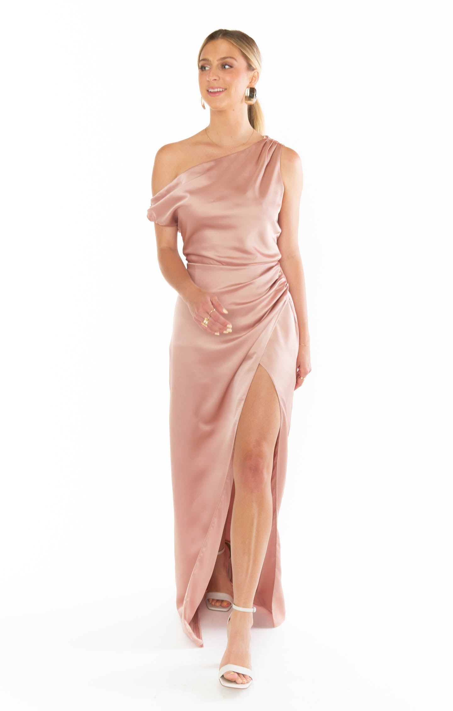 jodie dress in pink luxe satin Jodie Dress, in Rose Gold Luxe Satin, Size: Large | Show Me Your Mumu