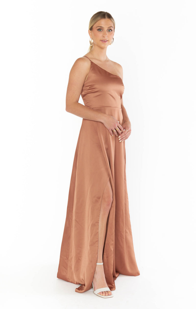 Shannon One Shoulder Dress ~ Copper Luxe Satin – Show Me Your Mumu
