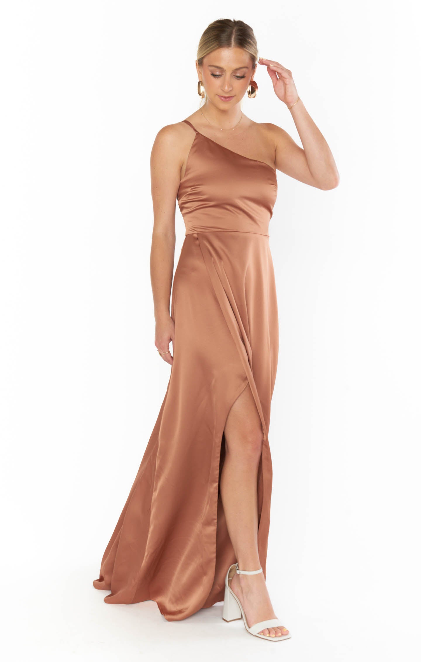 ワンピース DRESS WITH SATIN DETAILS Shannon One Shoulder Dress ~ Copper Luxe Satin – Show Me