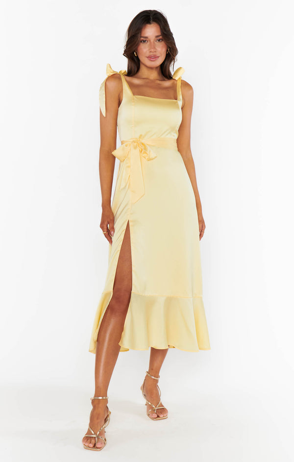 Garden Midi Dress ~ Pale Yellow Luxe Satin – Show Me Your Mumu Garden Midi Dress ~ Pale Yellow Luxe Satin – Show Me Your Mumu