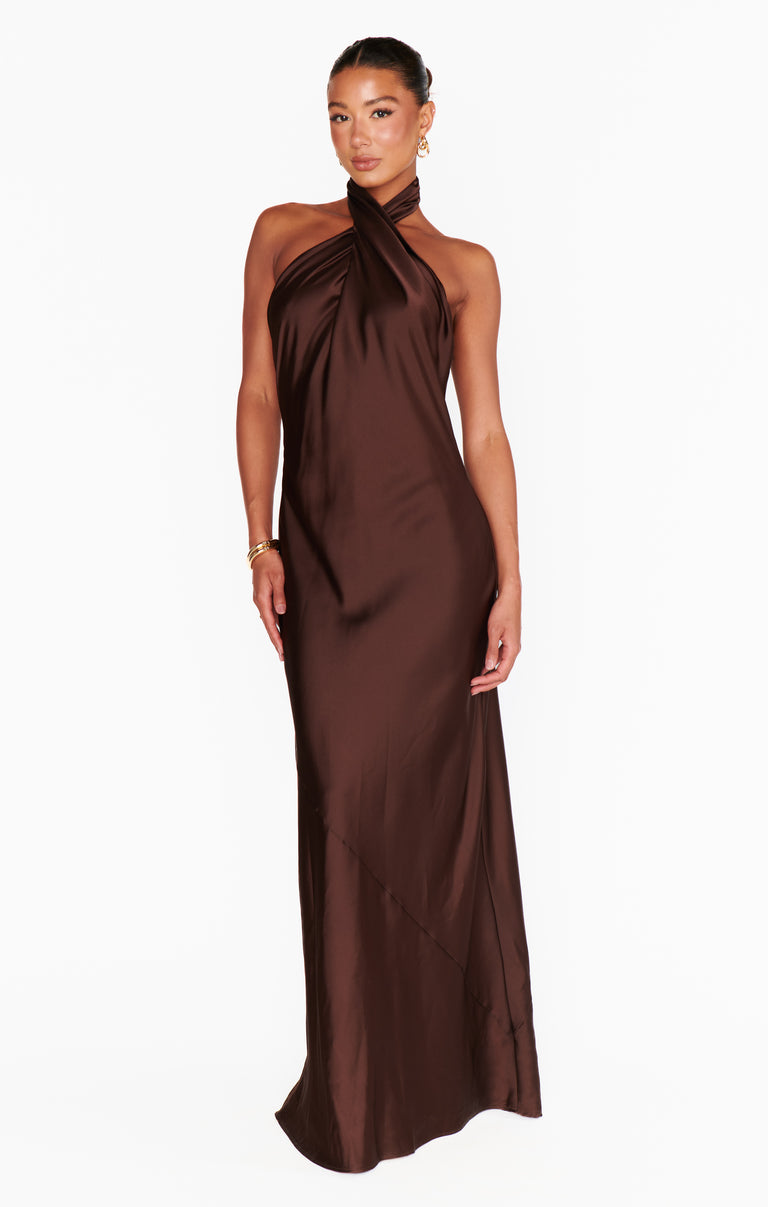 Jasmine Halter Maxi Dress, in Chocolate Luxe Satin, Size: Medium | Show Me Your Mumu