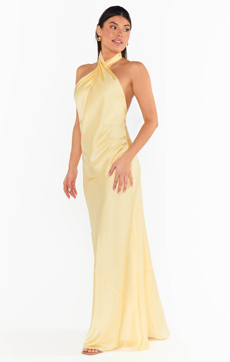 Jasmine Halter Maxi Dress, in Pale Yellow Luxe Satin, Size: Large | Show Me Your Mumu | Bridesmaid Dresses & Wedding Attendee Dress