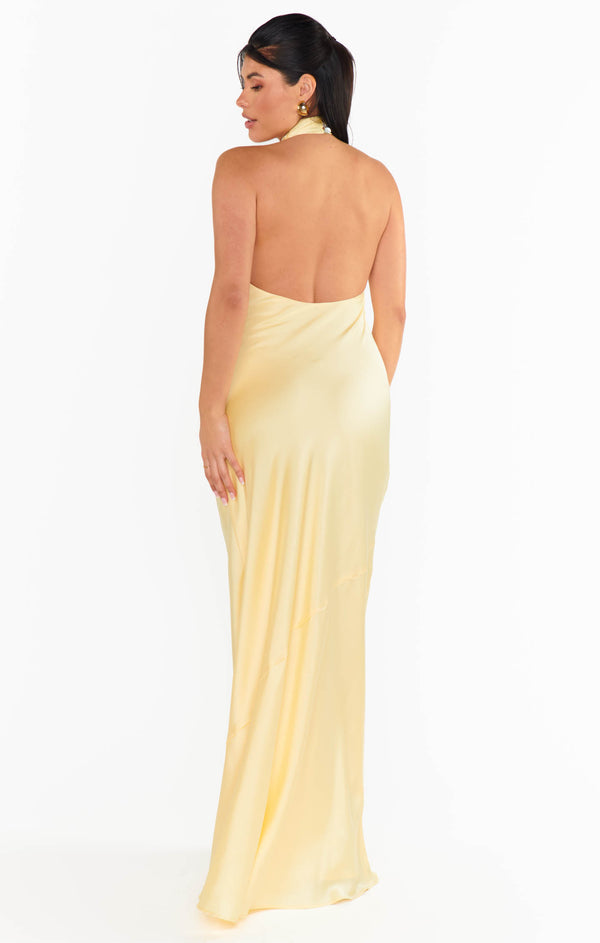 Jasmine Halter Maxi Dress ~ Pale Yellow Luxe Satin – Show Me Your Mumu