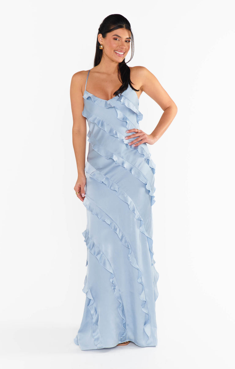 Romance Ruffle Dress, in Steel Blue Luxe Satin, Size: Medium | Show Me Your Mumu
