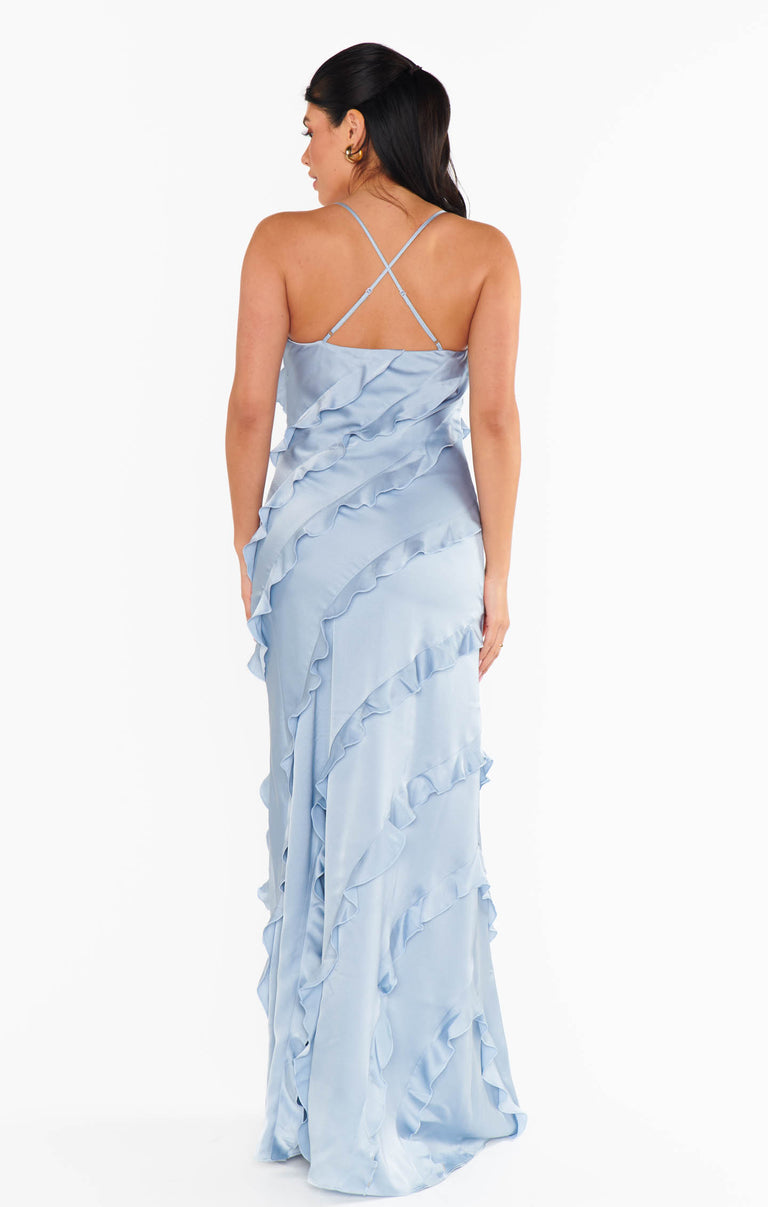 Romance Ruffle Dress, in Steel Blue Luxe Satin, Size: Medium | Show Me Your Mumu