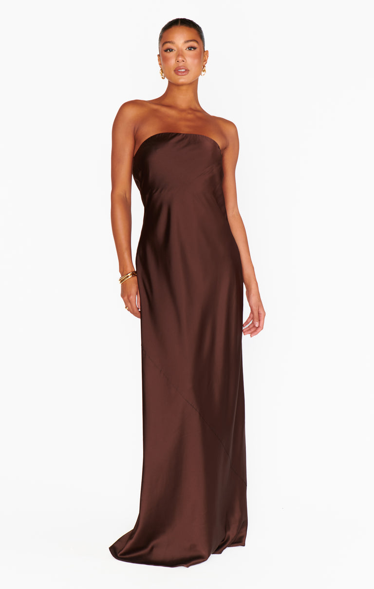 strapless brown dress Taylor Tube Maxi Dress, in Chocolate Luxe Satin, Size: XL | Show Me Your Mumu Size:30