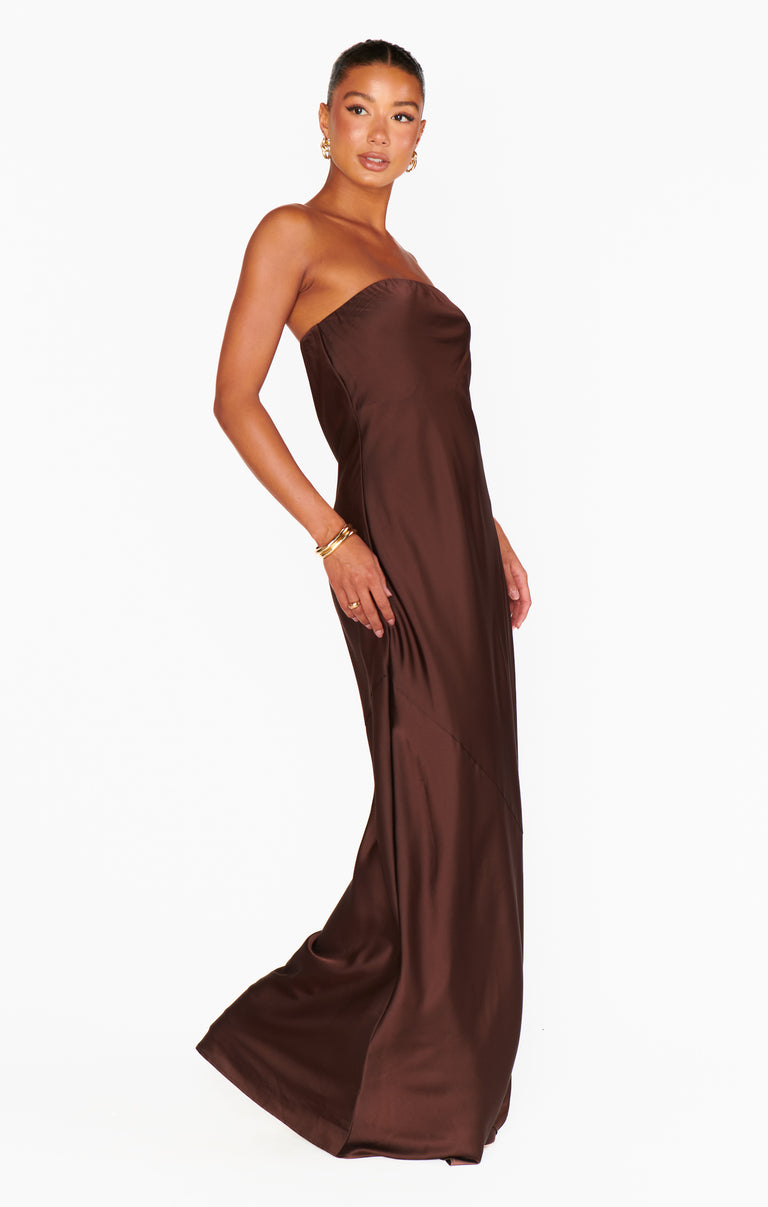 chocolate brown party dresses KAMARIA Strapless Satin Prom Dress - Elegant Fitted Gown