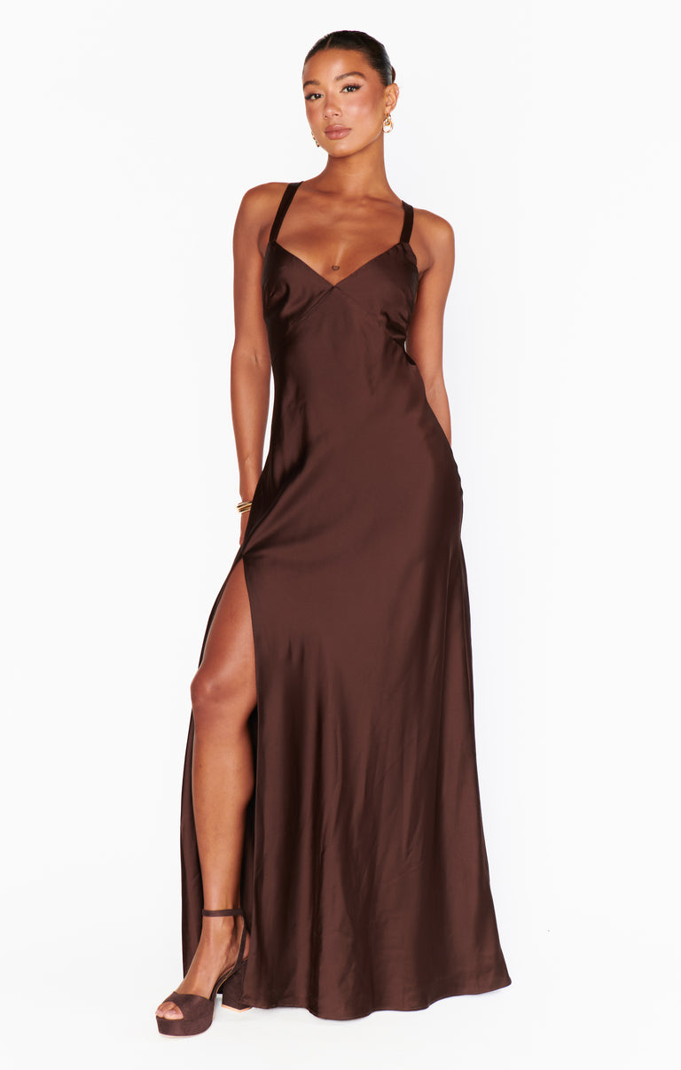 chocolate brown cocktail dress Anderson Maxi Dress, in Luxe Satin, Size: Small | Show Me Your Mumu this dress has lace The April Capsule Color:Light Grey Tj Maxx Sleeve Studio