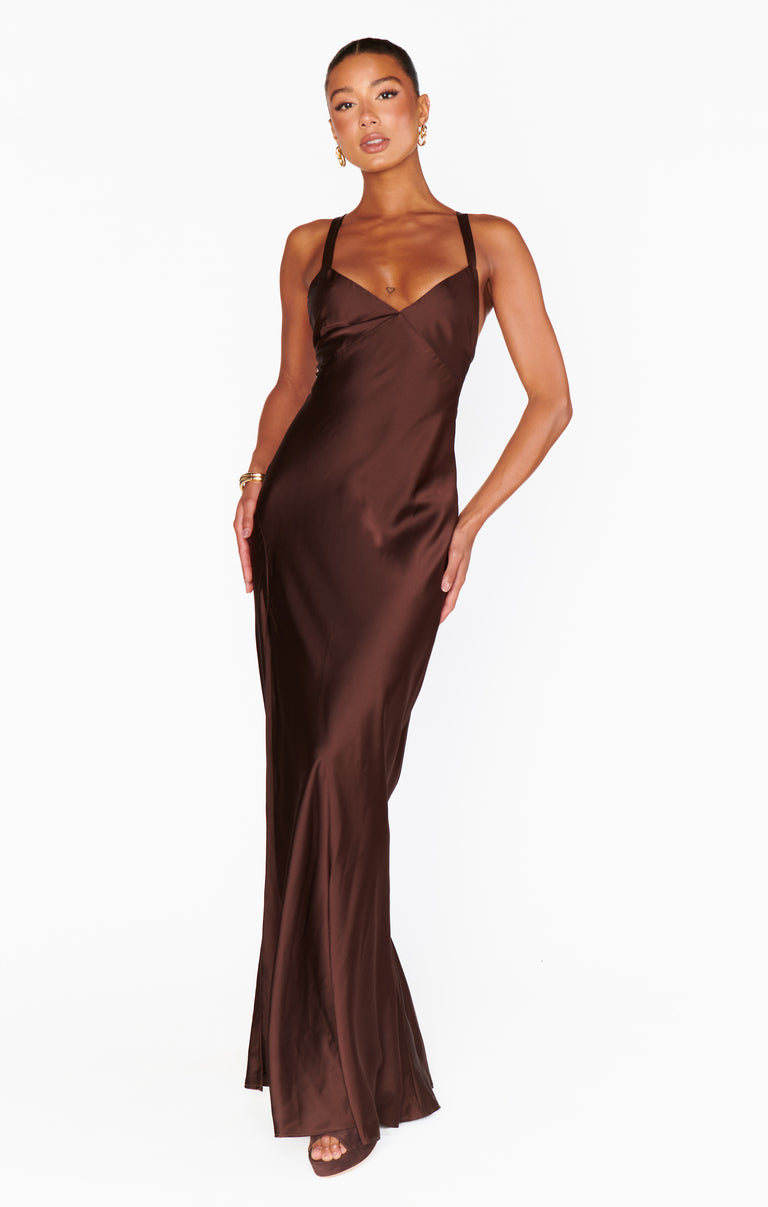Anderson Maxi Dress, in Chocolate Luxe Satin, Size: Small | Show Me Your Mumu | Bridesmaid Dresses & Wedding Attendee Dress Anderson Maxi Dress, in Chocolate Luxe Satin, Size: Small | Show Me Your Mumu | Bridesmaid Dresses & Wedding Attendee Dress