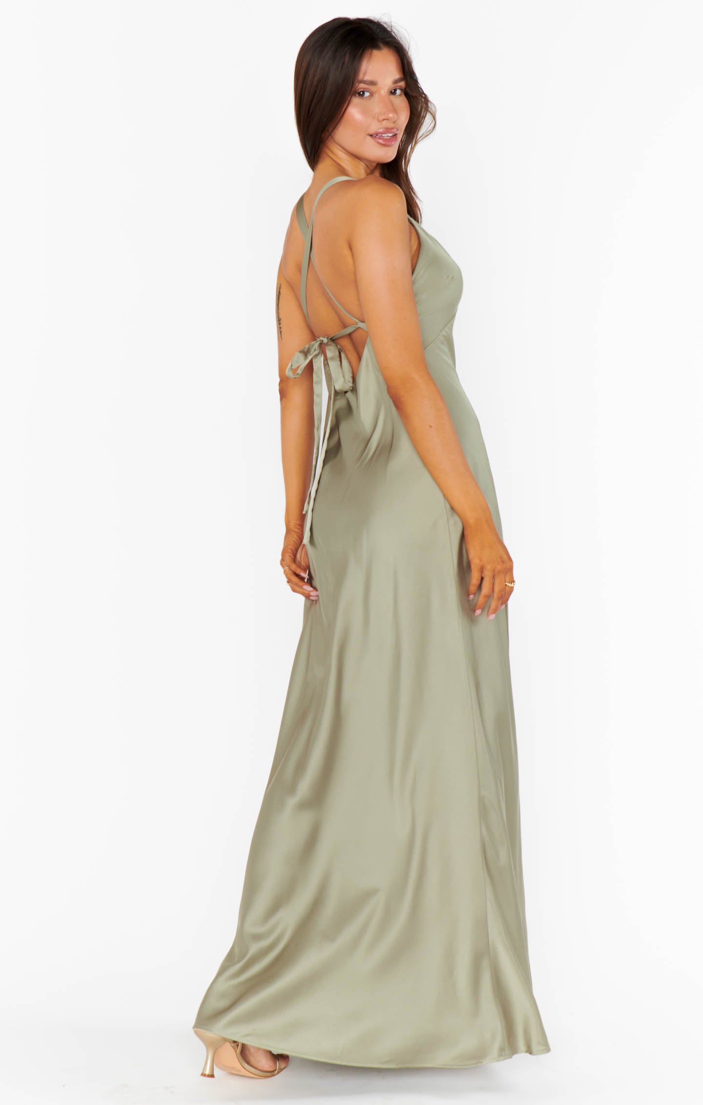 Show Me Your Mumu Faith selling Maxi Gown in Moss Green Luxe Satin M