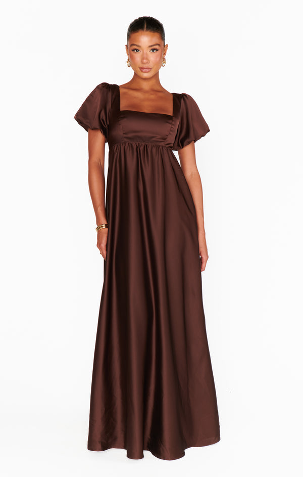 Nora Maxi Dress ~ Chocolate Luxe Satin – Show Me Your Mumu