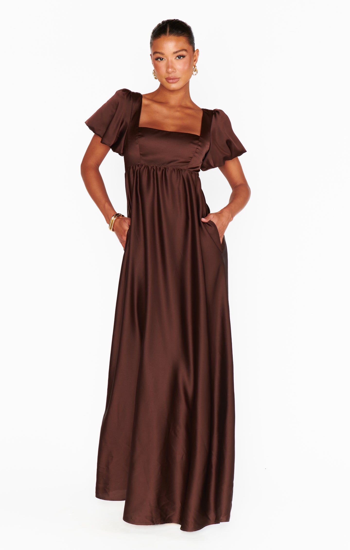 Nora Maxi Dress, in Chocolate Luxe Satin, Size: Small | Show Me Your Mumu