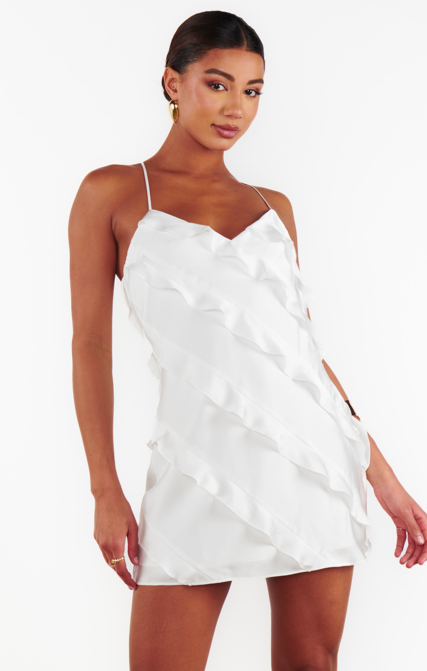Romance Ruffle Mini Dress, in Ivory Luxe Satin, Size: XS