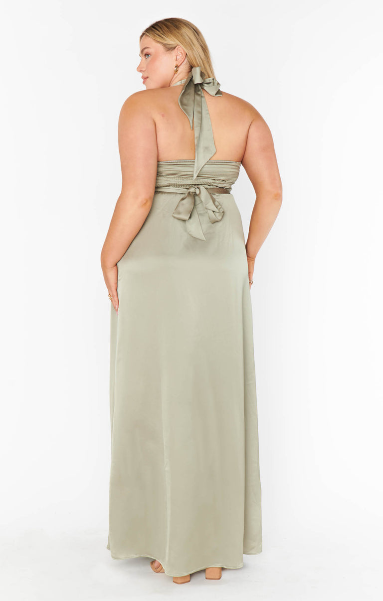 Hazel Halter Maxi Dress ~ Moss Green Luxe Satin  Show Me Your Mumu