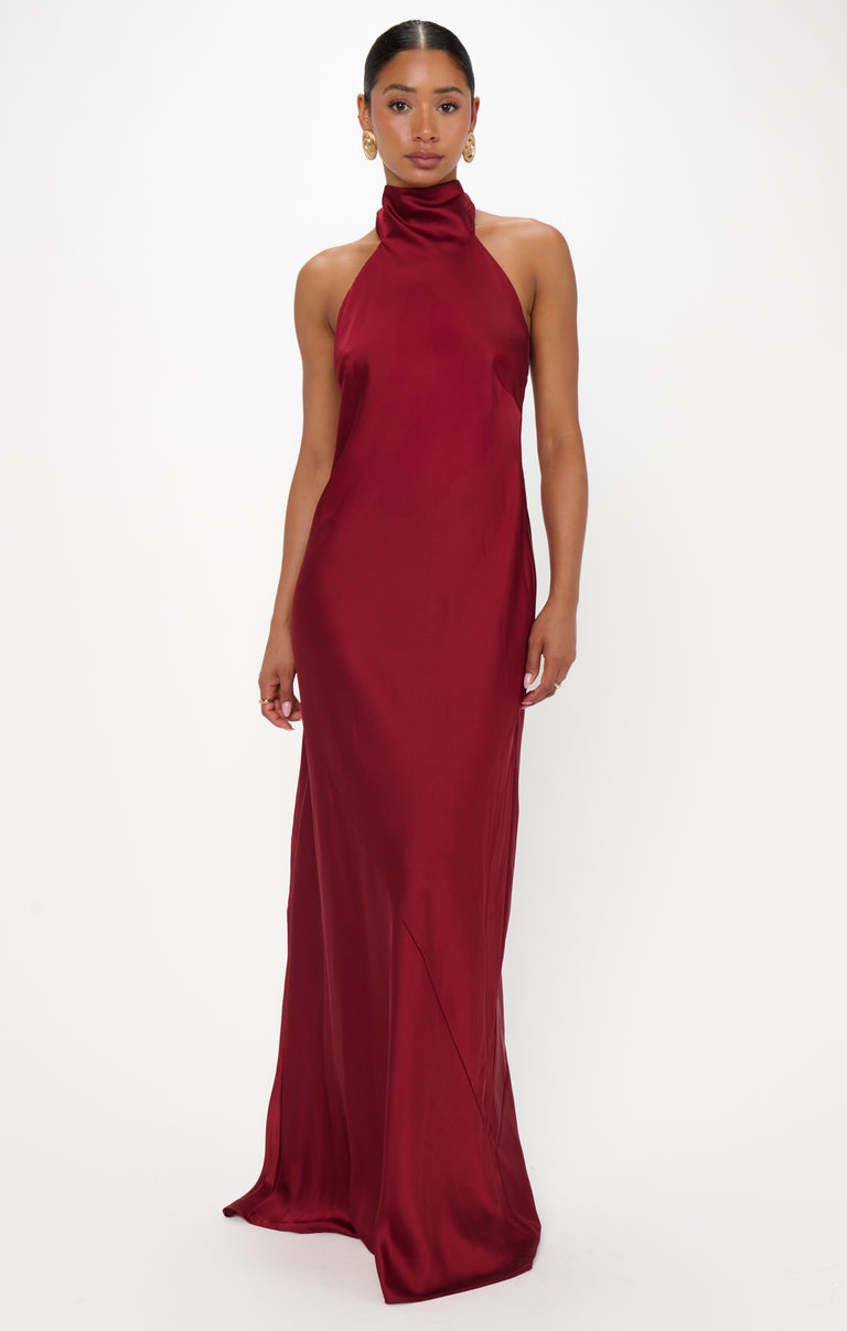 maxi formal dress for women Lisa Dress, in Cranberry Luxe Satin, Size: XL | Show Me Your Mumu Wedding Guest Dresses Short Sleeve Graduation Dresses Model Olya colour:Brown
