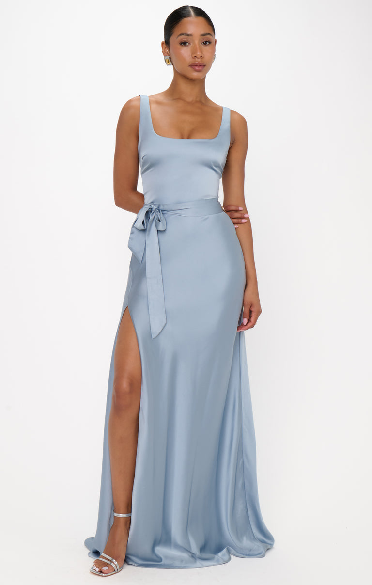 grey blue maxi dress Lana Dress, in Steel Luxe Satin | Show Me Your Mumu Size:4'W x 5'H lightweight chiffon fabric drapes mididresses Black Denim Overall Dress