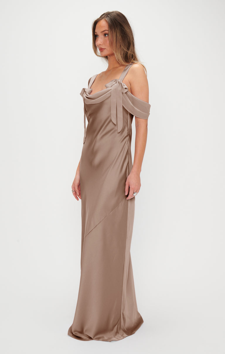 fitted lace wedding dress Bella Maxi Dress, in Dune Luxe Satin, Size: Xs | Show Me Your Mumu