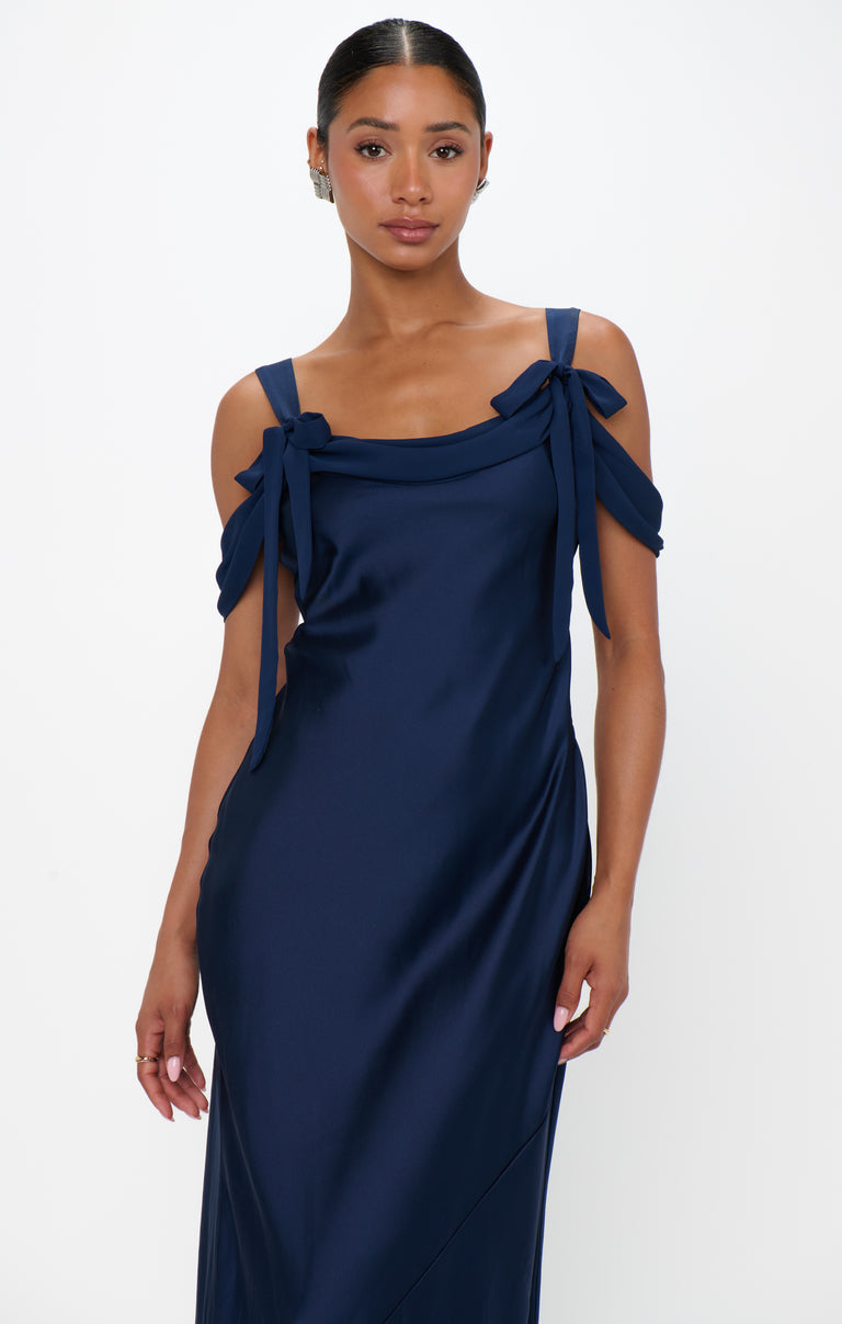 Bella Maxi Dress, in Midnight Navy Luxe Satin, Size: Small | Show Me Your Mumu
