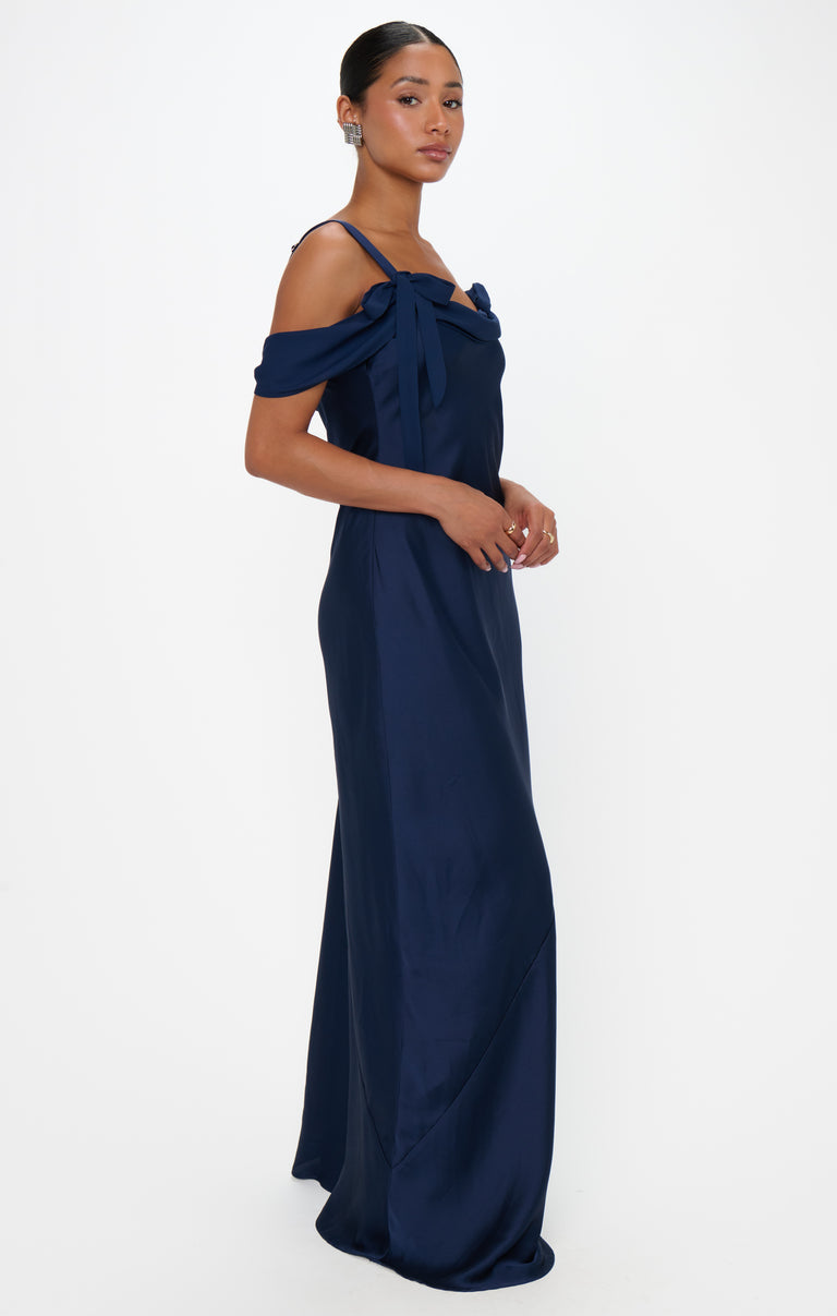 Bella Maxi Dress, in Midnight Navy Luxe Satin, Size: Small | Show Me Your Mumu