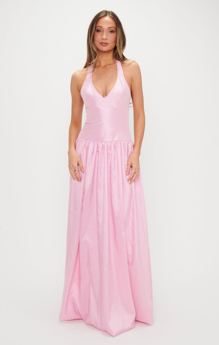 strapless open back dress Eliza Maxi Dress, in Light Pink Light Taffeta | Show Me Your Mumu