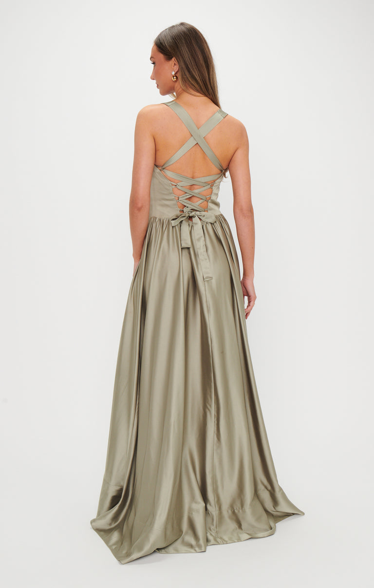 Abigail Maxi Dress, in Moss Green Luxe Satin, Size: Medium | Show Me Your Mumu | Bridesmaid Dresses & Wedding Attendee Dress Abigail Maxi Dress, in Moss Green Luxe Satin, Size: Medium | Show Me Your Mumu | Bridesmaid Dresses & Wedding Attendee Dress
