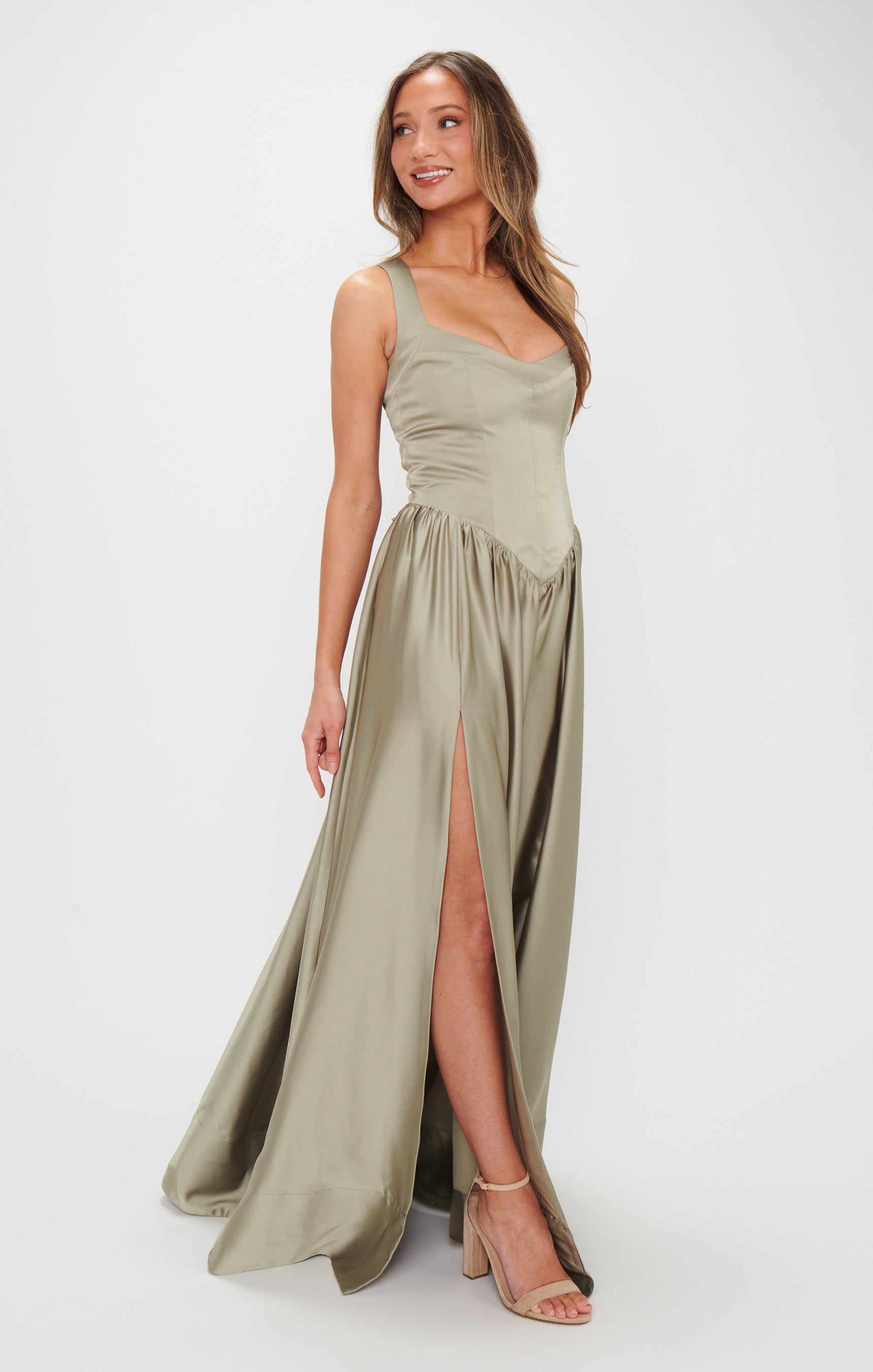 Abigail Maxi Dress, in Moss Green Luxe Satin, Size: Medium | Show Me Your Mumu