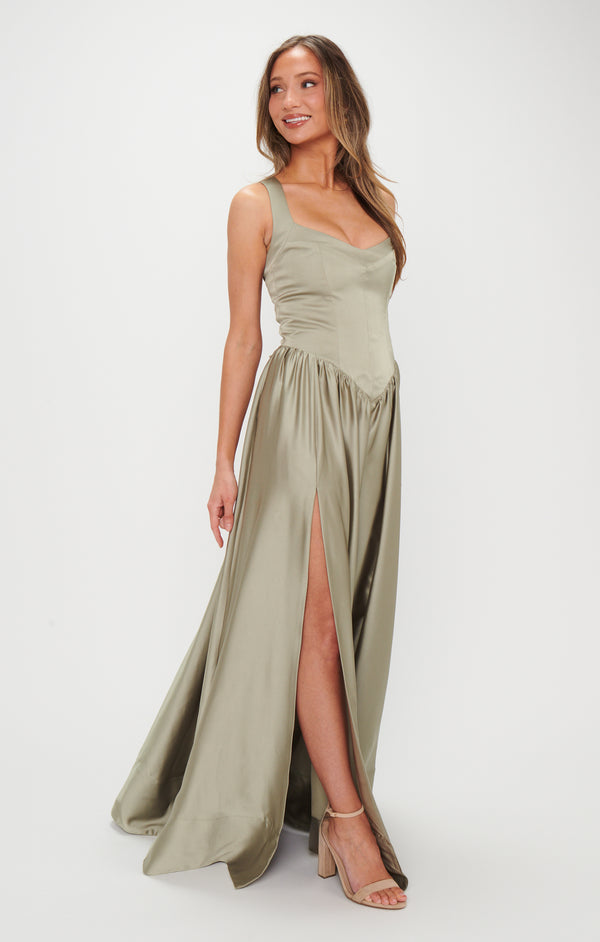 muted green dress Abigail Maxi Dress, in Moss Luxe Satin, Size: Medium | Show Me Your Mumu Sleeve Length:Long Sleeve reception dinners luxire:formality-style:4 TH26296 | Namid