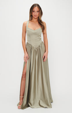 Abigail Maxi Dress ~ Moss Green Luxe Satin