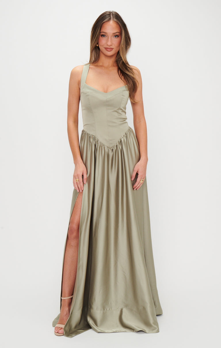 arnhem abigail maxi dress Abigail Maxi Dress, in Moss Green Luxe Satin, Size: Medium | Show Me Your Mumu