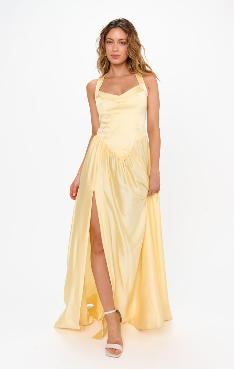 abigail halter dress Abigail Maxi Dress, in Pale Yellow Luxe Satin, Size: XS | Show Me Your Mumu